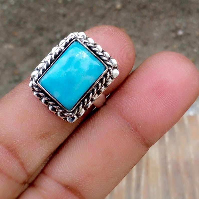 Natural Larimar Ring, Sterling Silver Boho Statement Ring, Blue ...