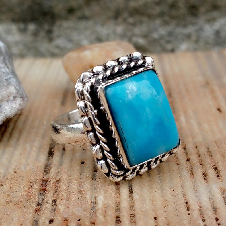 Natural Larimar Ring, Sterling Silver Boho Statement Ring, Blue ...