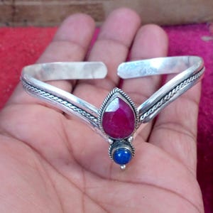 Ruby & Lapis Lazuli Bangle, 925 Sterling Silver Bangle, Handmade Bangle, Gemstone Bangle, Adjustable Bangle, Designer Jewelry, Gift For Her