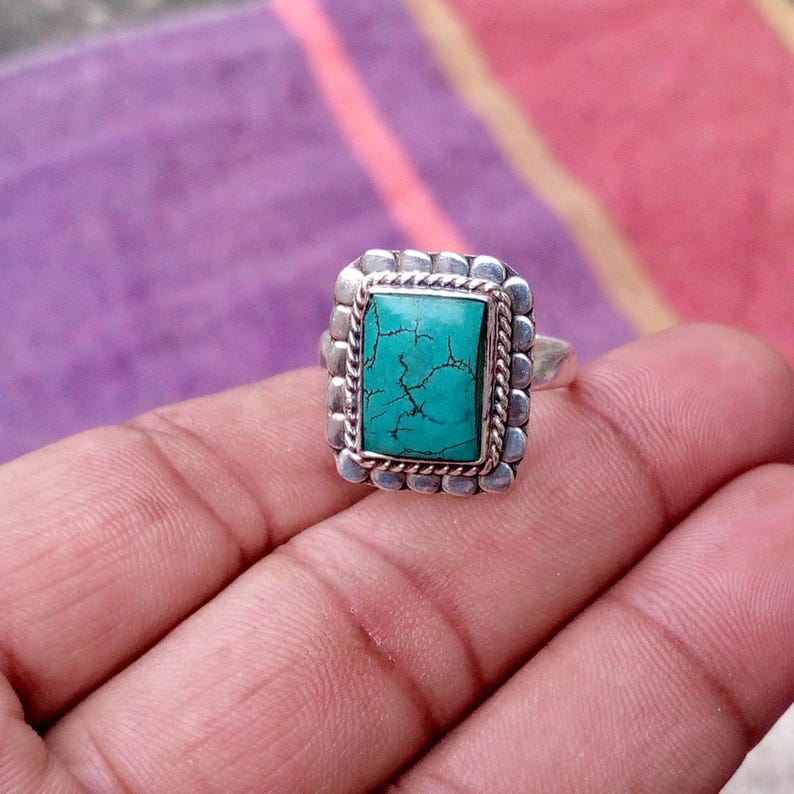 Sterling Silver Turquoise Ring, Boho Hippie Style, Rectangle Gemstone ...