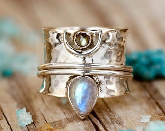Bague lune, pierre de lune labradorite, bague en argent sterling 925, bague de méditation, bague toupie, bague anti-anxiété, bijoux populaires faits main pour femme