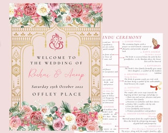 Puede incluir: Una invitación de boda con un diseño rosa y dorado con detalles florales y un motivo tradicional indio. La invitación dice "Bienvenido a la boda de Rachna & Aneepp" e incluye la fecha "Sábado 29 de octubre de 2022" y la ubicación "Offley Place".