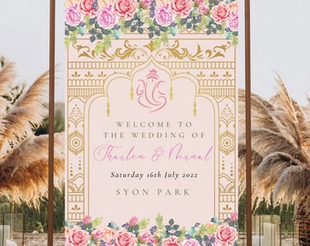 Peach and Pink Hindu Wedding Welcome Sign