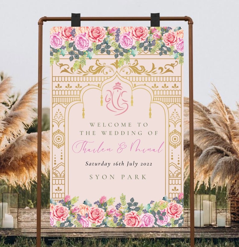 Peach and Pink Hindu Wedding Welcome Sign image 1