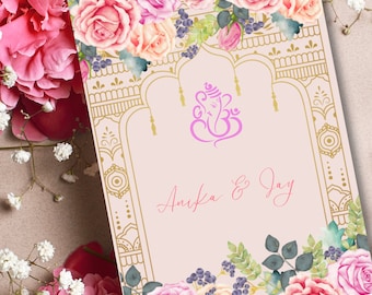 Pink & Purple Floral Hindu Wedding Invitation