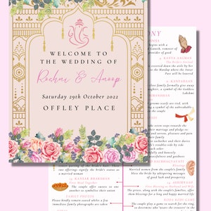 以下が含まれることがあります： ピンクとゴールドの花柄のデザインが施された結婚式の招待状。招待状には「ロチニ＆アヌープの結婚式へようこそ」と記載されており、日付は「2022年10月29日土曜日」、場所は「オフリープレイス」となっています。招待状には、結婚式で執り行われるイベントや伝統のリストも記載されています。