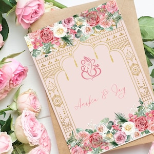 Pink & Green Floral Hindu Wedding Invitation
