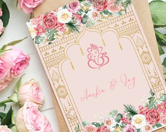 Pink & Green Floral Hindu Wedding Invitation