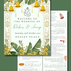 Può includere: Un invito di nozze con un design floreale con foglie verdi e fiori gialli. L'invito è per una cerimonia di nozze che si terrà sabato 29 ottobre 2022 a Offley Place. L'invito include i nomi della coppia, Rochni e Ansep, e dettagli sulla cerimonia di nozze.