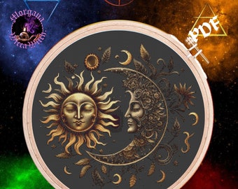 Mistic Sonne und Mond, heidnisches Kreuzstichmuster, Wicca Altar, Kreuzstichmuster für schwarzen Stoff
