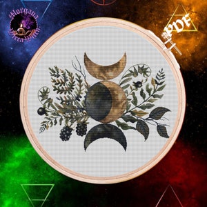 Triple Goddess and Wild Flowers  ,Pagan Cross Stitch,Wiccan Altar,Cross Stitch Pattern  for Black Fabric