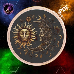 Mistic Sun and Moon ,Pagan Cross Stitch,Wiccan Altar,Cross Stitch Pattern  for Black Fabric