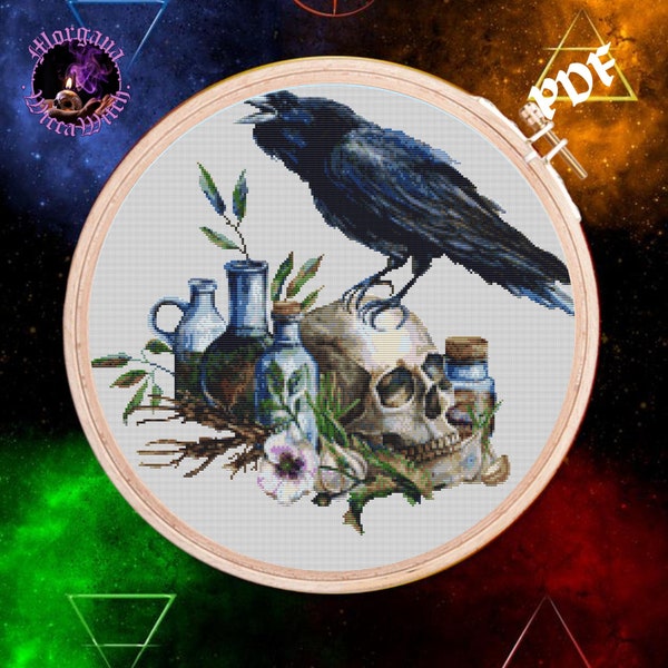 Alchemical Composition 1,Raven, Skull and Pottion,Wicca Cross Stitch,Pagan Embroidery