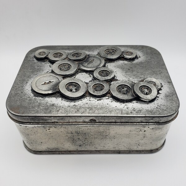 Metzke Pewter Box w/Button Detailed Lid and Floral Lined Interior