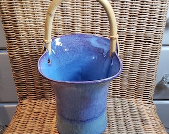 Hand Crafted Pottery Vase with Cane/Bamboo Handle
