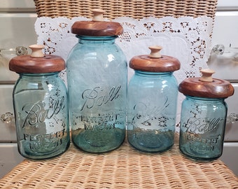 Set of 4 Aqua Blue Ball Glass Jar Canisters w/Wooden Lids