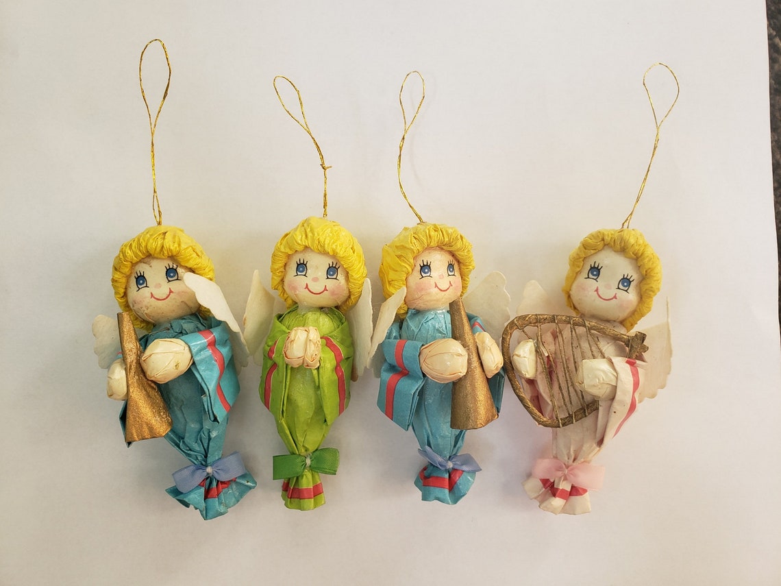 Set of 4 Paper Mache Angel Ornaments Etsy