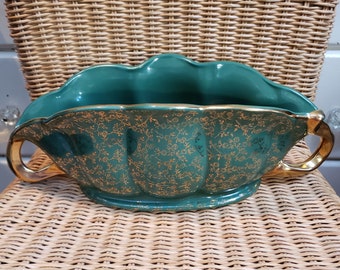 Pearl Co. Green & Gold Double Handle Footed Planter/Dish