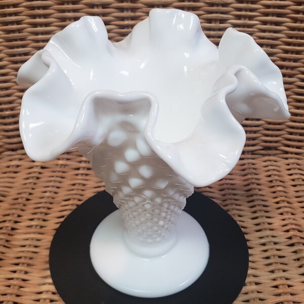 Fenton White Milk Glass Hobnail Cone Vase w/Magenta Foil Label