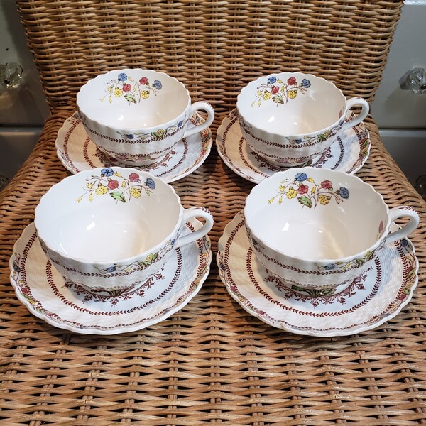 Set of 4 Spode Multi-Color Cowslip Teacups & Saucers