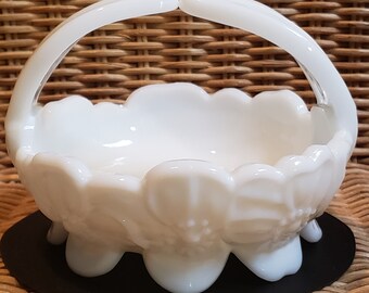 Westmoreland White Milk Glass Dogwood/Pansy Handle Basket