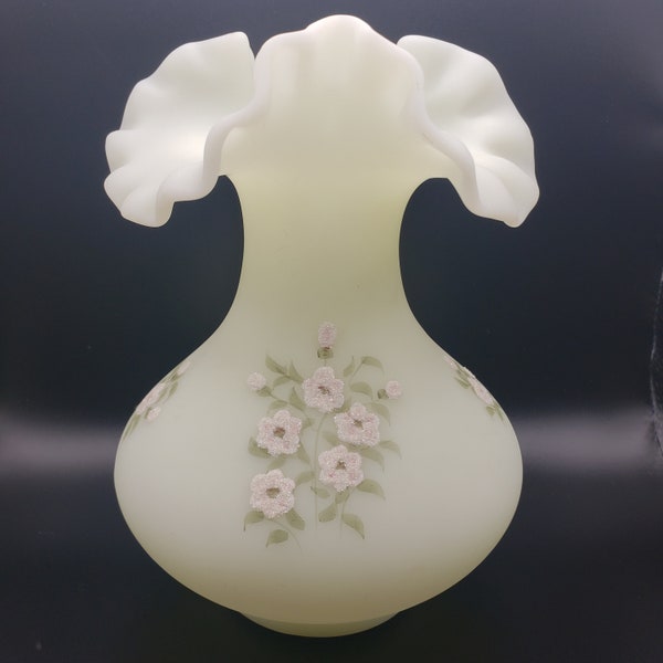 Fenton Signed Custard Satin Vase w/Ruffle Edge & Hand Painted Flowers