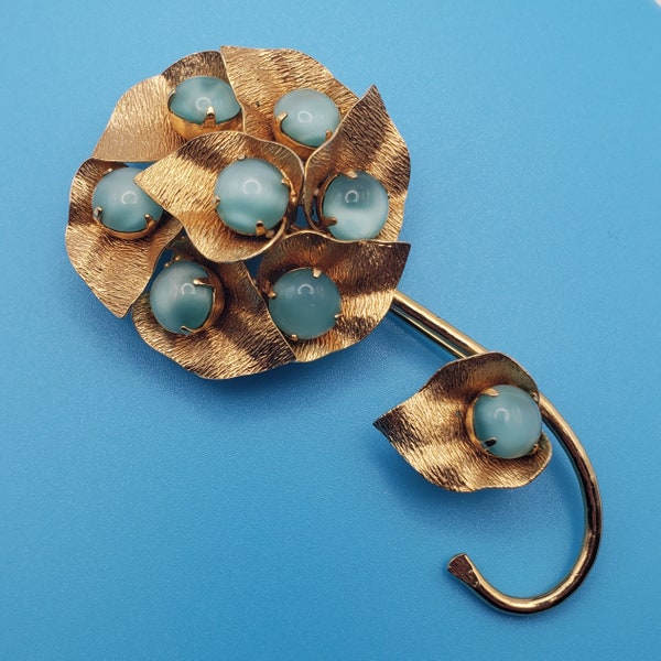Weiss Aqua Blue Moonstone Gold Flower & Leaf Pin