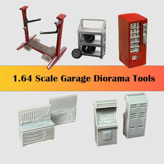 1/64 Scale Garage Diorama Props: Lift, Tire Rack, Machine Tools