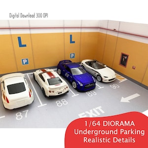 1/64 Diorama Underground Parking, Diorama Prints, Diorama Model Parking, Perfecte scène voor auto's, digitale print, parkeerplaats voor 4 auto's