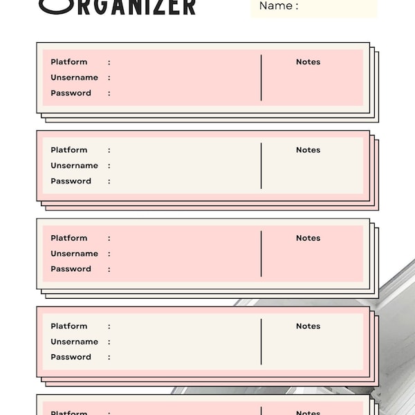 Printed A5 Rings Password Keeper Planner Insert Refill, fits LV GM & Others that hold 5.83″ w by 8.27″ h Inserts