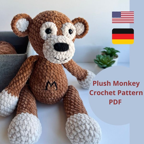 Monkey crochet pattern easy amigurumi English and German. Instant PDF download. DIY stuffed animals toys. Nursery decor.