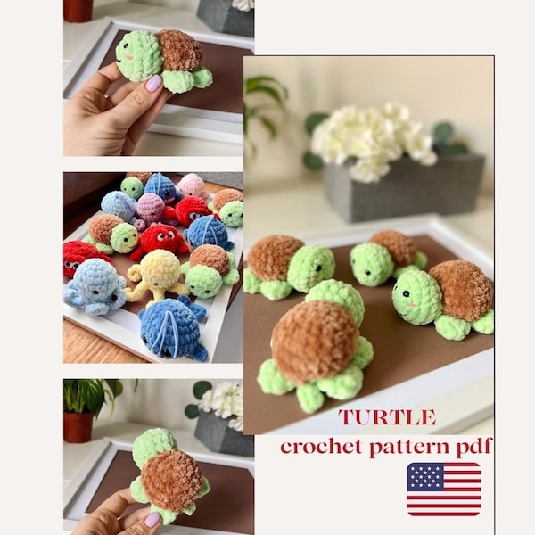Turtle crochet pattern. Amigurumi pattern stuffed sea creature, adorable miniature plush toys, ocean lover gift, marine animals.