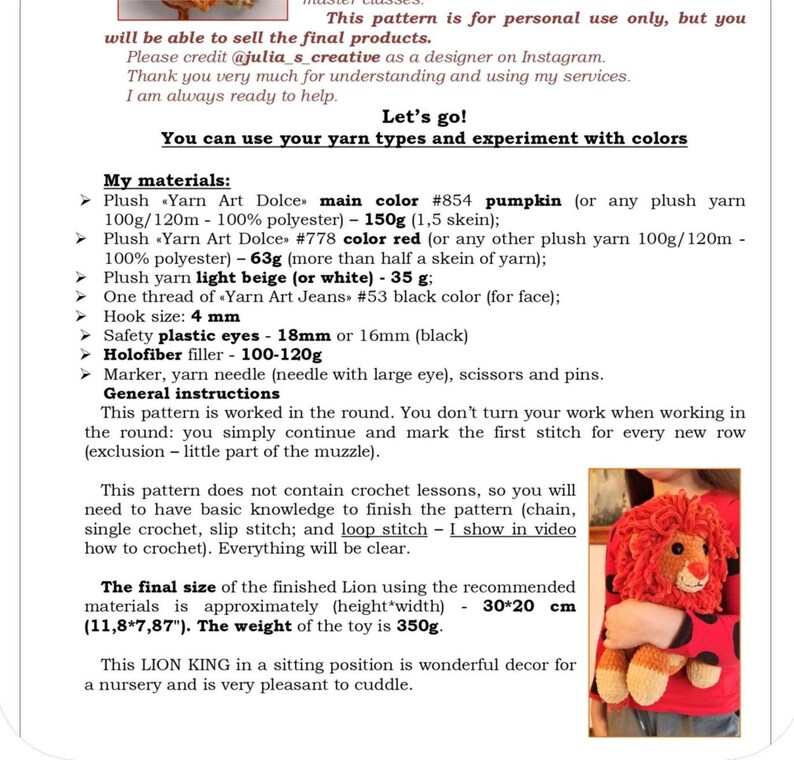 Lion Crochet Pattern, DIY Lion King Crochet Stuffed Toy, Simba