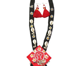 Handmade Indian ethnic shell floral pendant long mala decoration festive eco friendly jewellery set