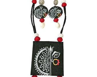 Handmade Indian ethnic handpainted Durga pendant naksha decoration festive eco friendly jewellery set, black jewellery set, gift for her