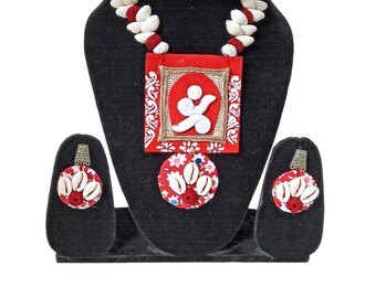 Handmade and handpainted ethnic Indian red and white jewellery set eco-friendly festive jewellery designer pendant shell jewellery clay art