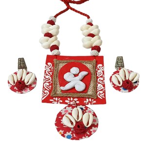 Handmade and handpainted ethnic Indian red and white jewellery set eco-friendly festive jewellery designer pendant shell jewellery clay art image 4