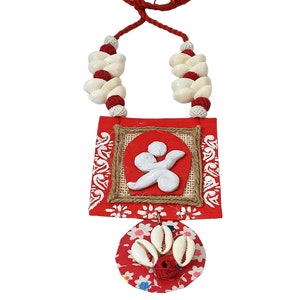 Handmade and handpainted ethnic Indian red and white jewellery set eco-friendly festive jewellery designer pendant shell jewellery clay art image 3