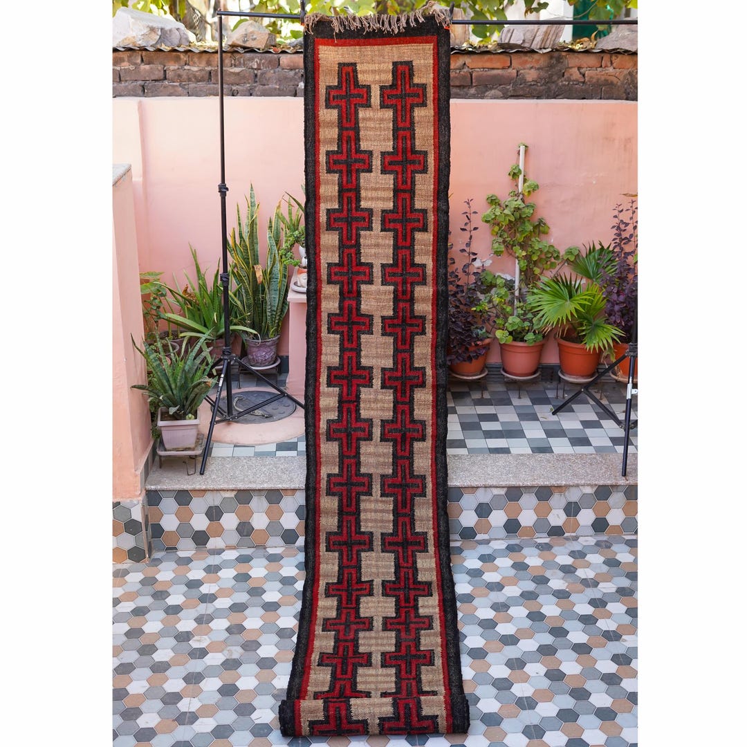 Patterned Wool Runner Rugs Wool Jute Runner Rug- Geometric Pattern Kilim Rug, Handmade Kitchen ...