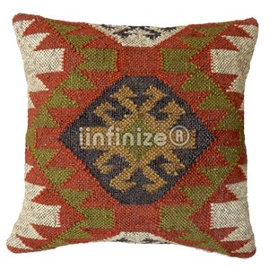 Kilim Jute Cushion Cover Handmade Decorative Sofa Sham Pillows Ethnic Zip Closer Meditation Floor Cushion Cover Geometric Pattern Pillows