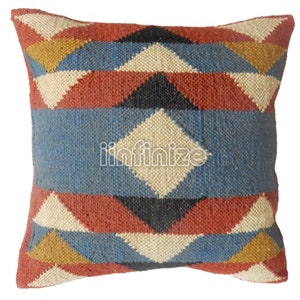 Pillow throw Jute Cushion Cover 18 Inch Wool Kilim Pillow Case Vintage Turkish Geometric Pattern Decorative Accent For Sofa Chair Bench