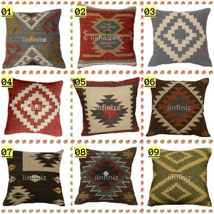 Kilim Pillow Throw Jute Cushion Cover 18x18 Inch Sofa Cushions Handmade Wool & Boho Vintage Pillow Case for Sofa Decor