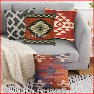 Sofa Cushion Wool Jute Cushion Covers Kilim Pillow Cover Set of 4 Indian Handwoven 18x18 Living Room Patio Decorative Moroccan