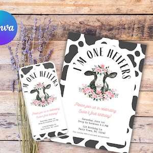 Puede incluir: Una vaca negra y blanca con una corona de flores rosas sobre un fondo blanco con manchas negras. El texto "I'm One Heifers" está escrito en un arco negro sobre la vaca. El texto "Please join us in celebrating Susie's first birthday!" está escrito debajo de la vaca. El texto "Saturday, June 1st Drop by between 3-5 PM 123 Birthday Ln Party Town, NC 12345" está escrito debajo del texto.