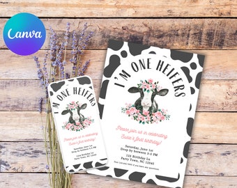 SIETE artículos - Soy una vaquilla - Paquete de invitación de primer cumpleaños para niñas - Vaca - Granja - Rústico - Descarga digital CANVA