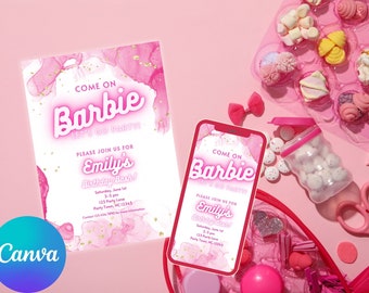 Plantilla de invitación de cumpleaños de BARBIE - CANVA -Lets Go Party - Rosa - Fiesta de cumpleaños - Barbie Girl - Plantilla digital