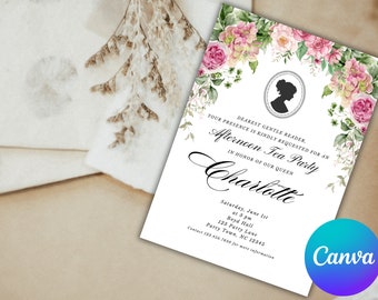Invitación de cumpleaños inspirada en Bridgerton, Plantilla CANVA, Floral, Primavera, Lady Whistledown, Vintage, Rosa, Descarga digital