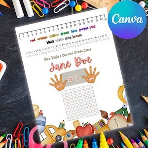 May include: A printable classroom chart with a colorful alphabet, a ruler, and a grid for a student to color in. The chart is titled "Mrs. Kayla's Second Grade Class" and includes the name "Jane Doe" with a handprint and the number "1".
