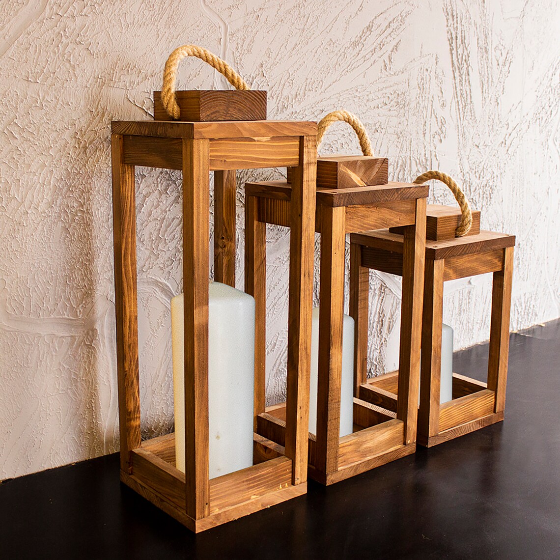 Triple Wooden Lantern Candle Holder Etsy