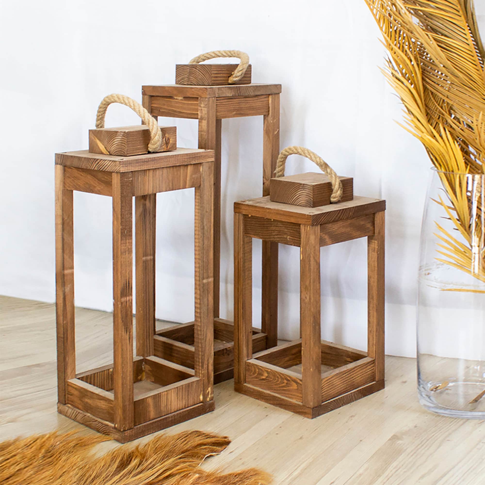 Triple Wooden Lantern Candle Holder